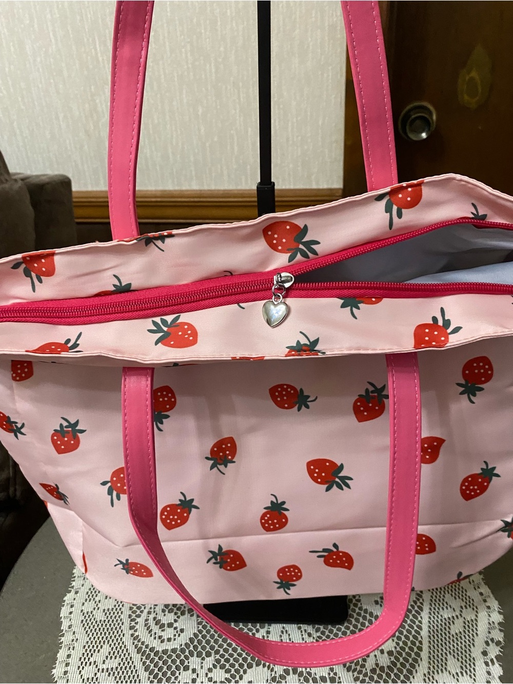 Pink Strawberry Print Tote Bag with Front Pockets - Picture 2 of 6